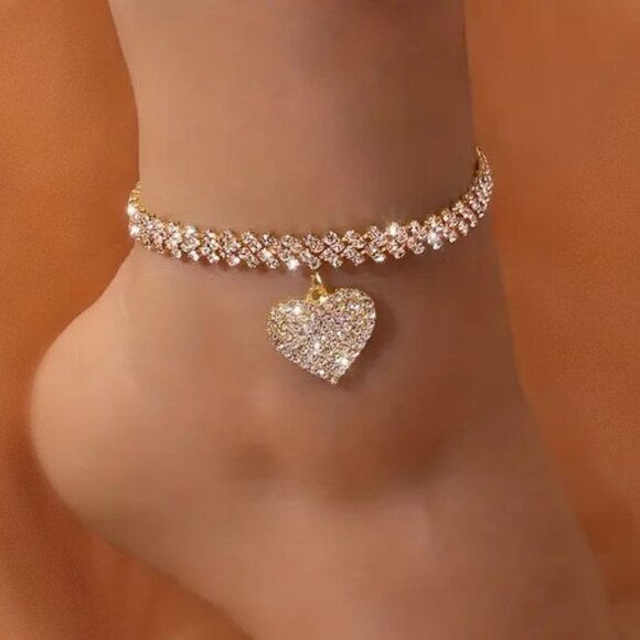Dangling Heart Shaped Gold Tone Rhinestone Anklet or Choker - Picture 5 of 5